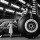 XB-19 tire, with suitably impressed young woman for scale. (US Air Force)